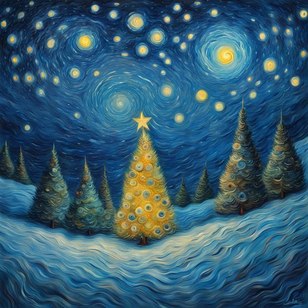 Christmas Tree in Starry Sky: A Van Gogh-Inspired Scene