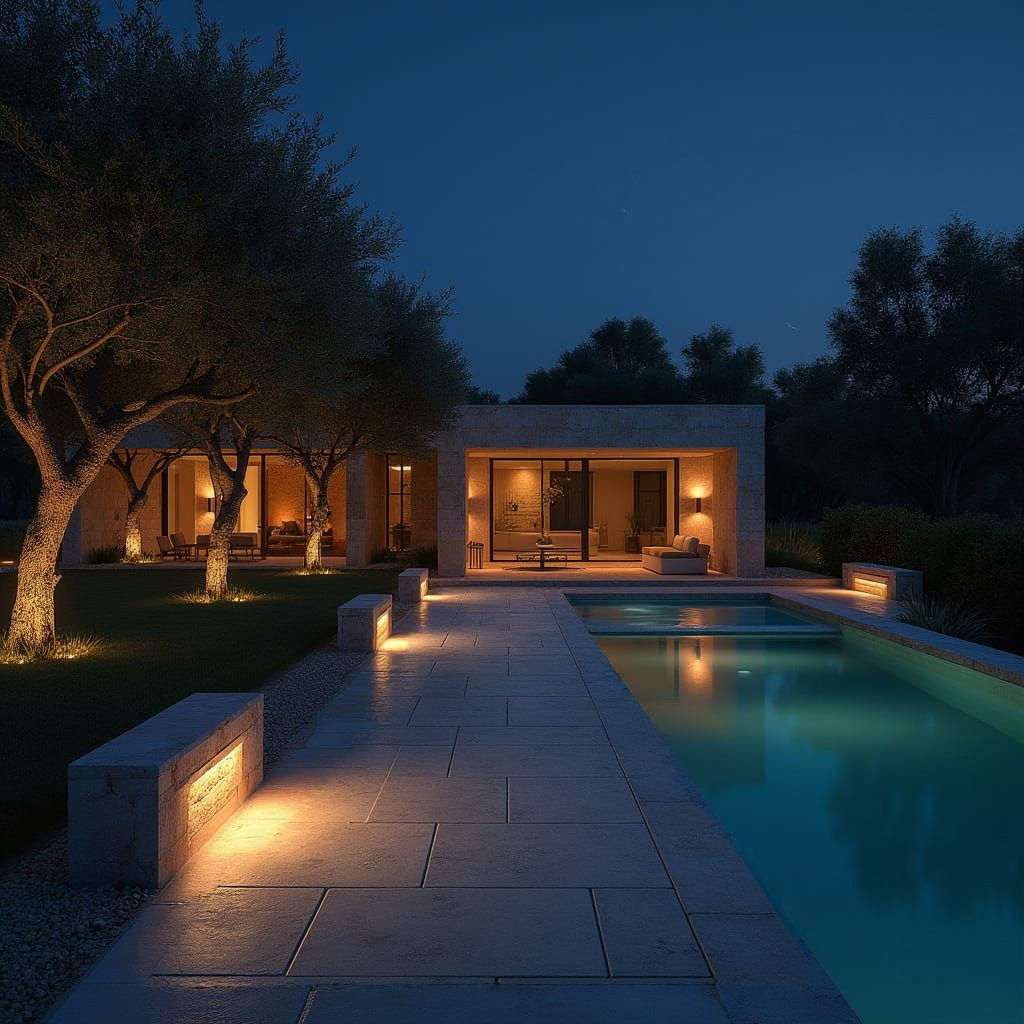 Modern Stone Villa with Pool at Night