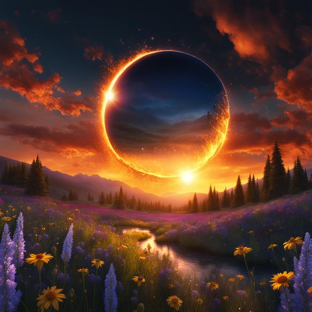 Melting Solar Eclipse over Wildflower Meadow