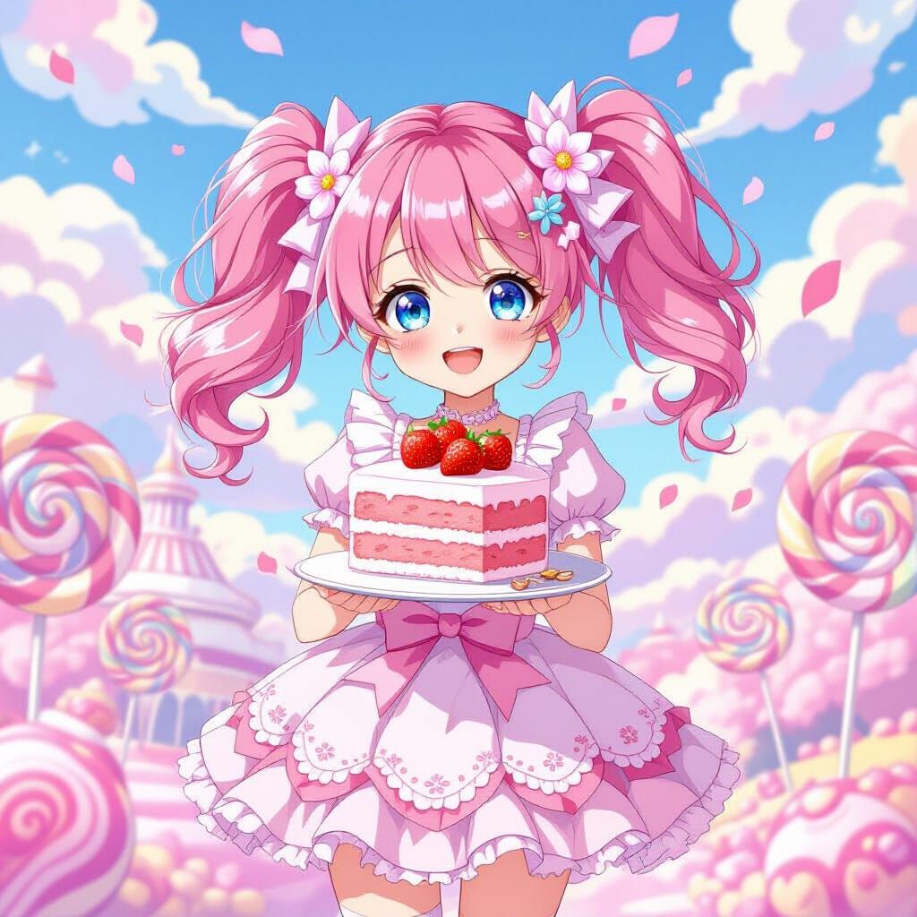 Anime Girl Enjoys Strawberry Cake in Candy Land