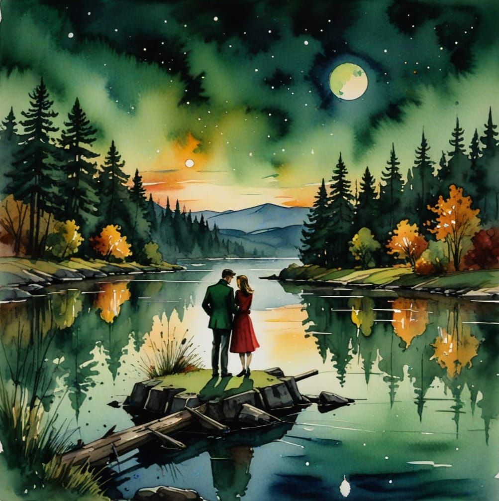 Starlit Lake Lovers in Neurographic Watercolor Style