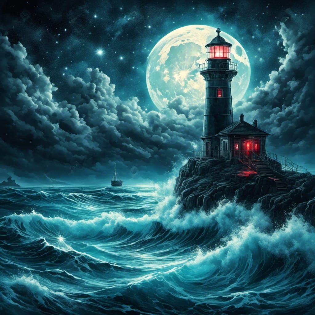 Bioluminescent Ocean Under Cosmic Sky