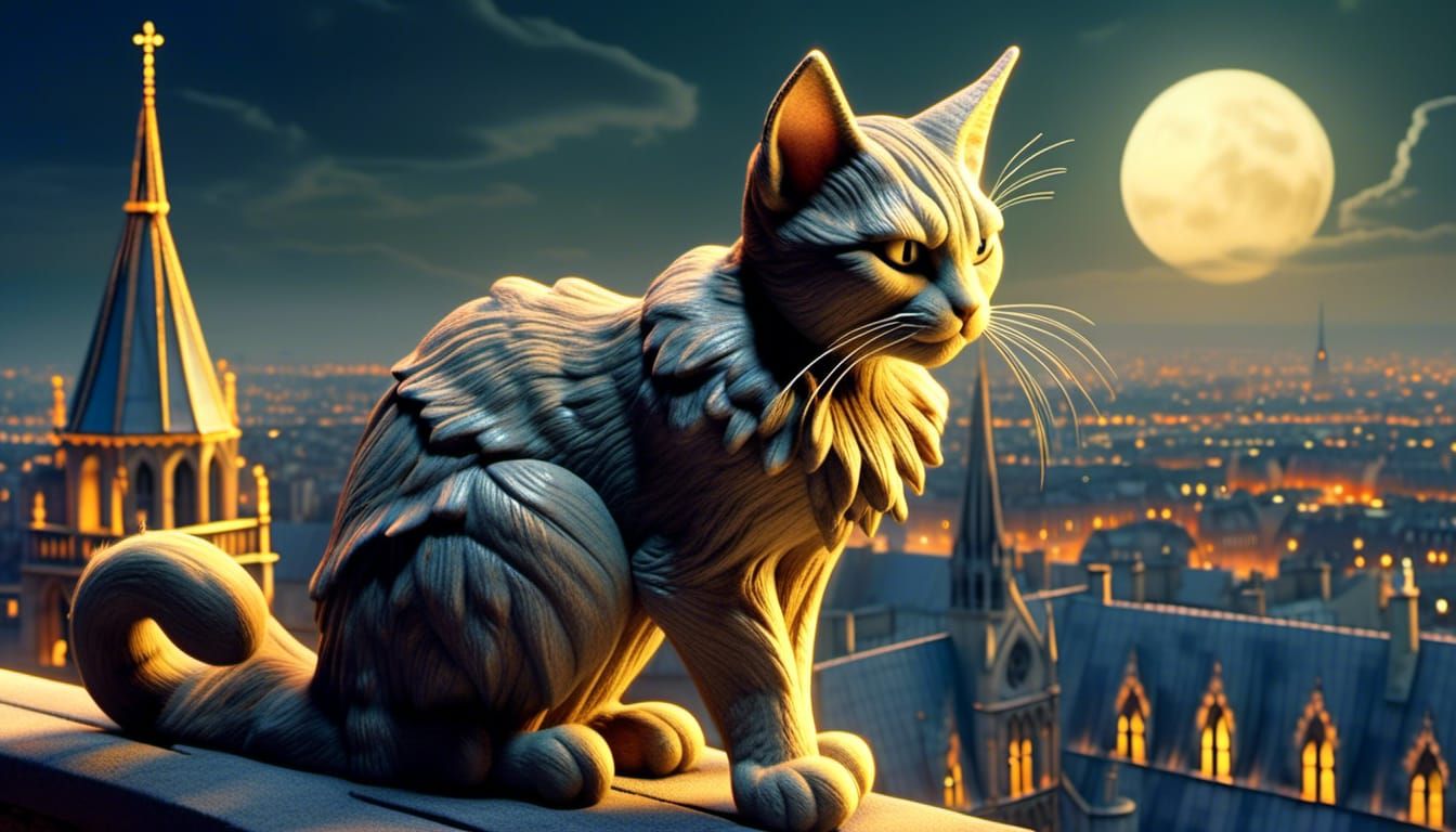 Tabby Cat Gargoyle Hybrid on Notre Dame, Whimsical Art