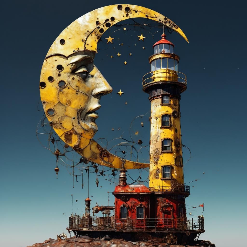 Steampunk Crescent Moon and Lighthouse Double Exposure