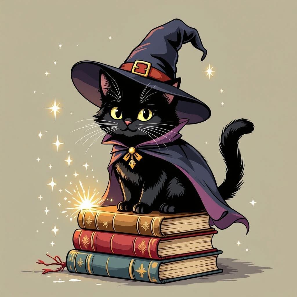 Whimsical Black Cat in Witch Hat with Magical Glow