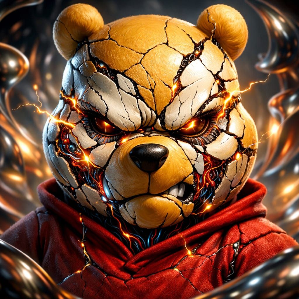 Surreal Cyborg Pooh with Cracked Porcelain Face