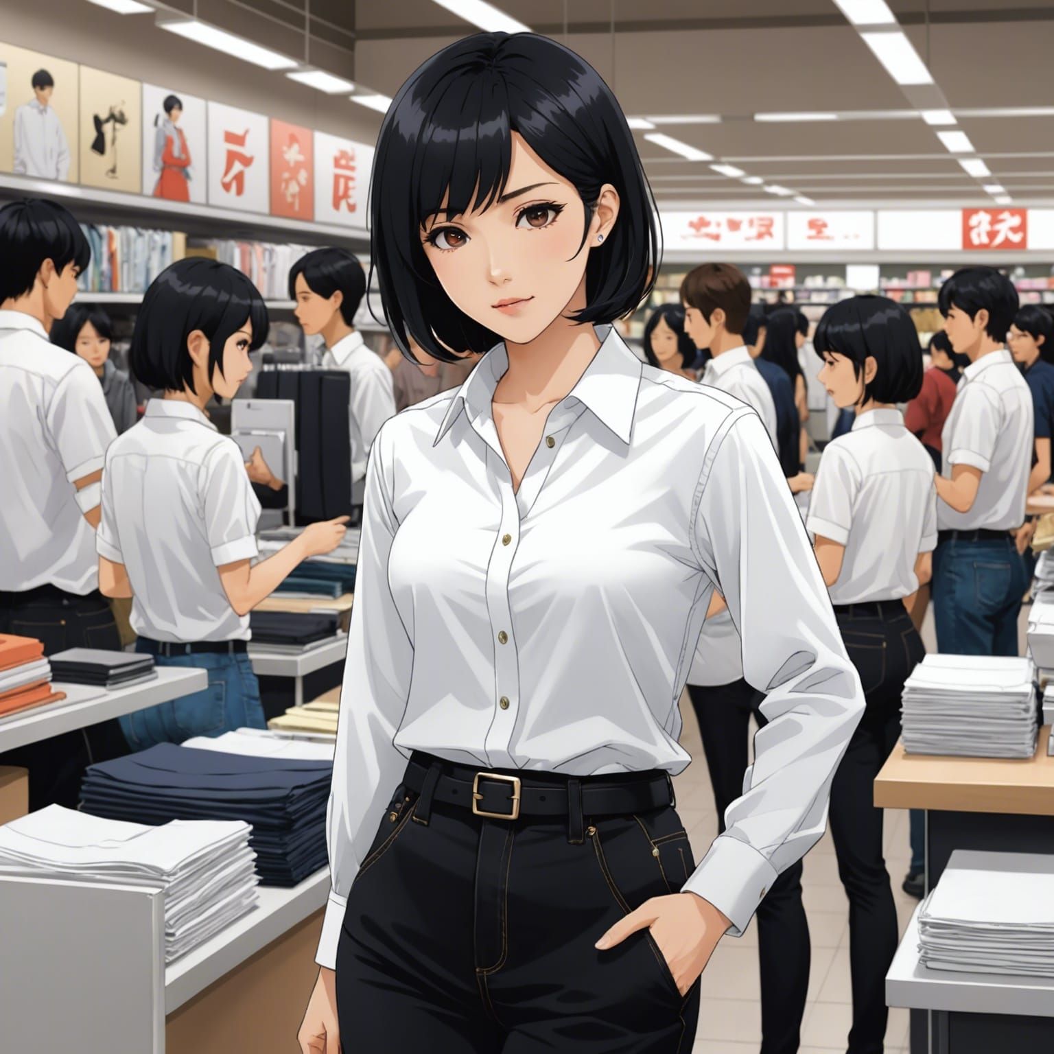 Anime Style: Woman Working in Crowded Clothing Store