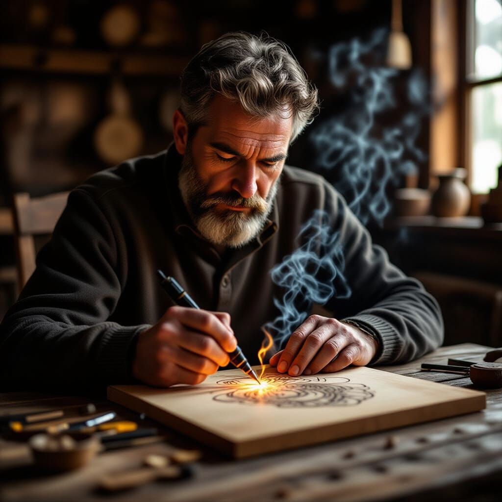 Man Pyrographing Detailed Art on Wood Board