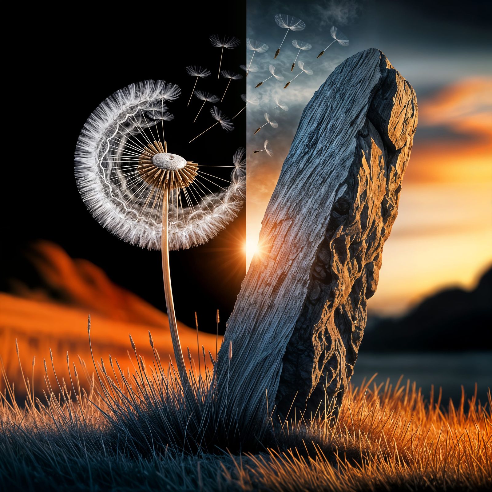Contrasting Dandelion and Monolith in Digital Art