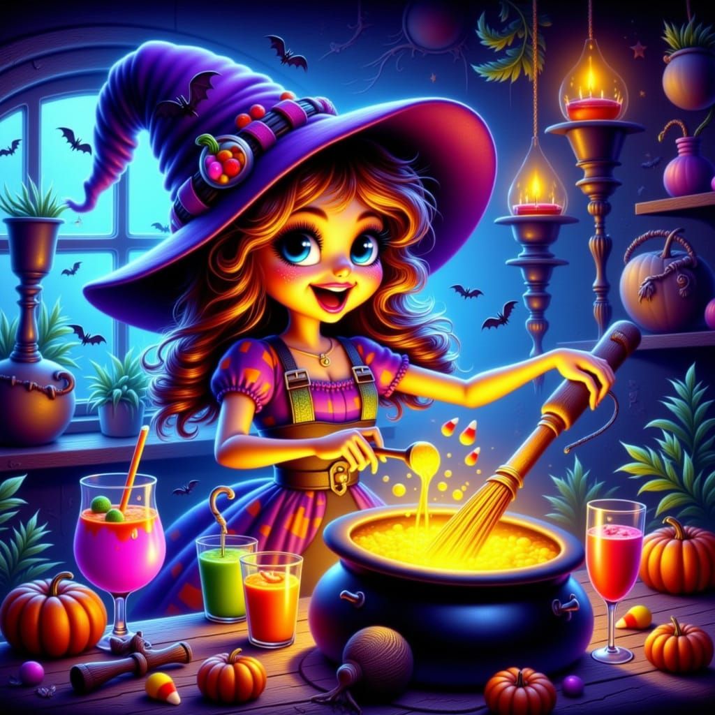 Colorful Witch Brews Bubbly Halloween Drinks in Cozy Cottage