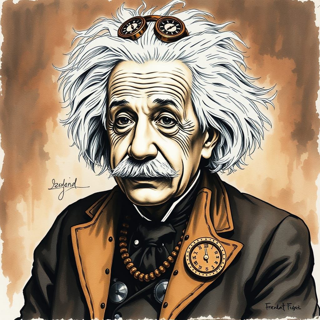 Einstein in Steampunk Outfit, Alcohol Ink Style