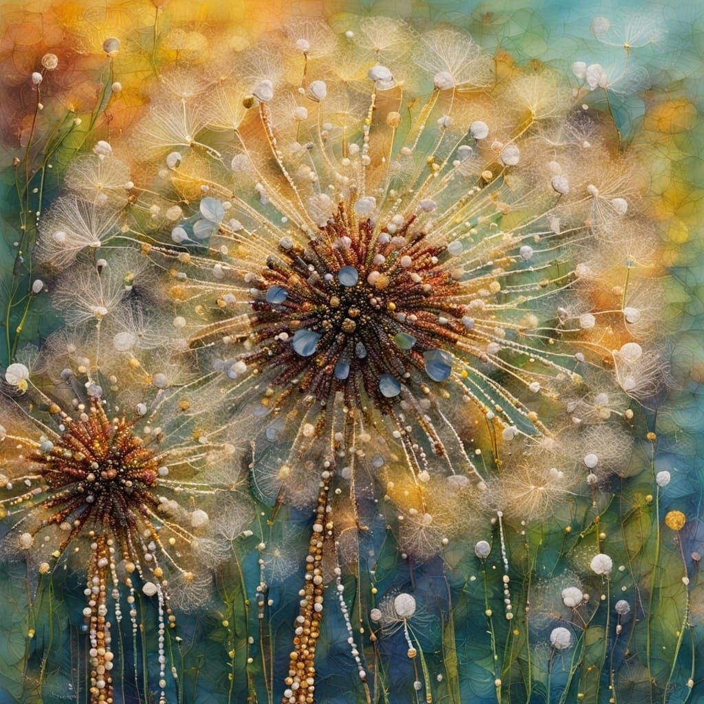 Beaded Dandelion Blooms at Sunset in Mixed Media Collage