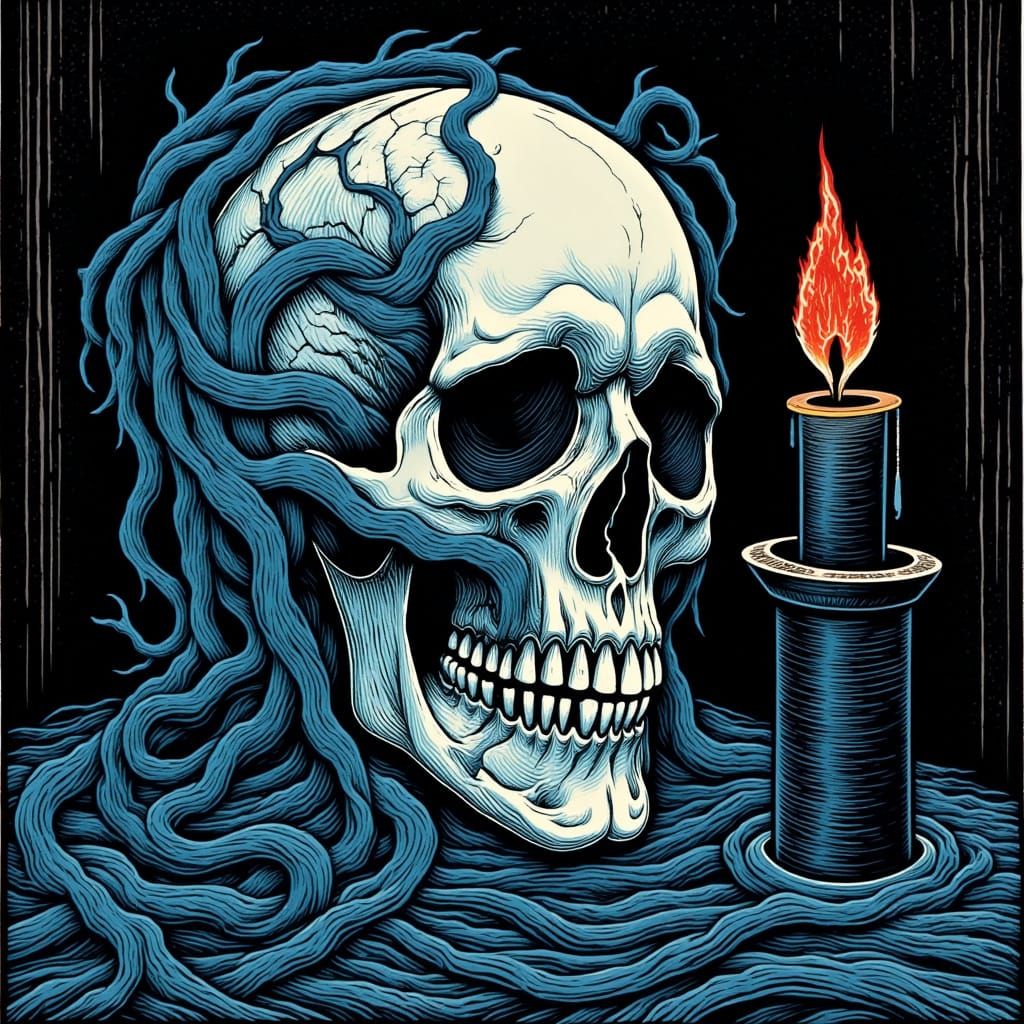 Cracked Skull with Blue Vines: Woodcut Style