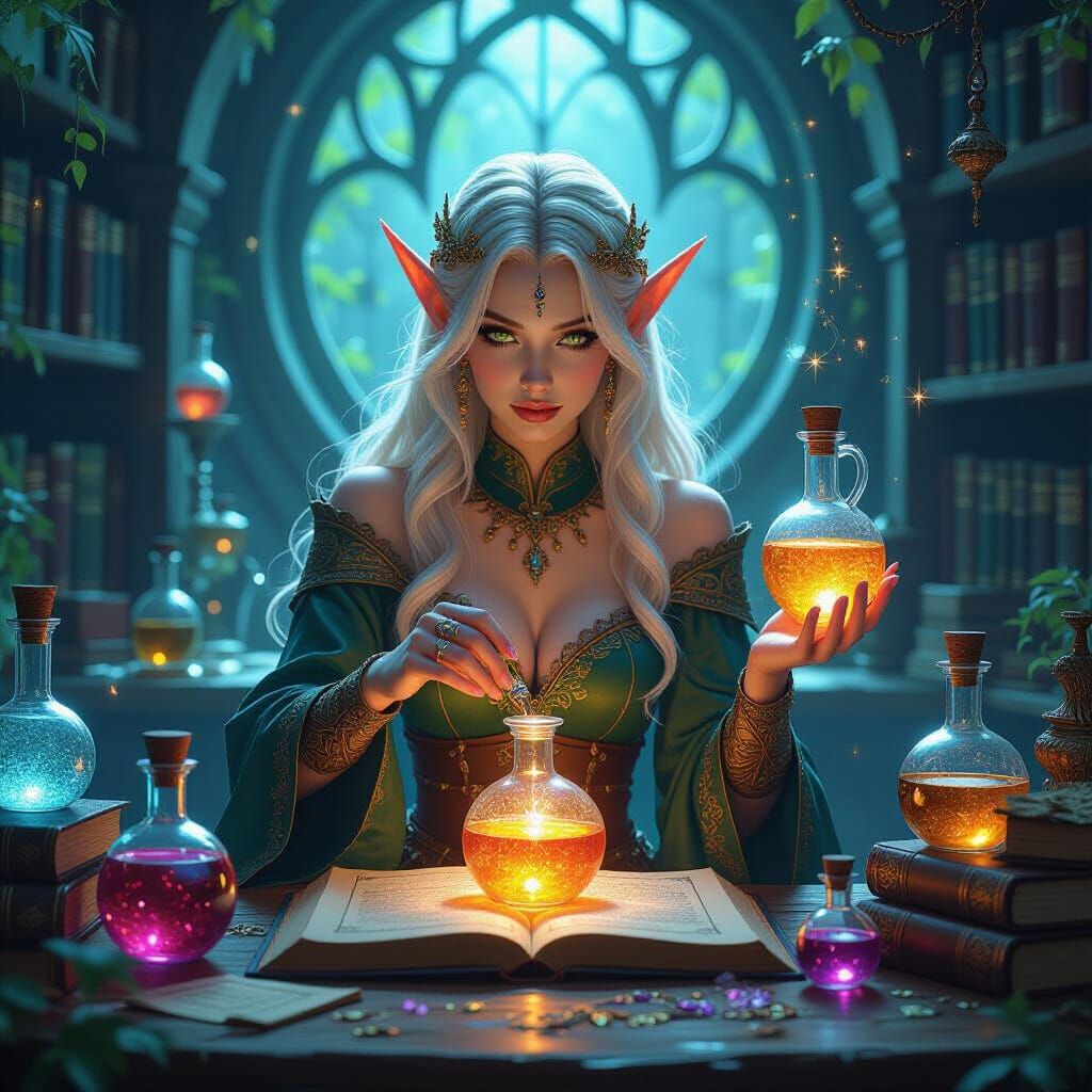 Elf Sorceress Brewing Potions in Magical Lab