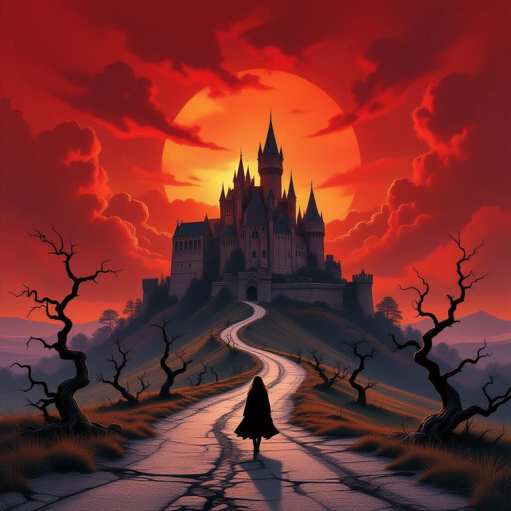 Girl Walks to Castle Under Red Sky, Dark Fantasy Art
