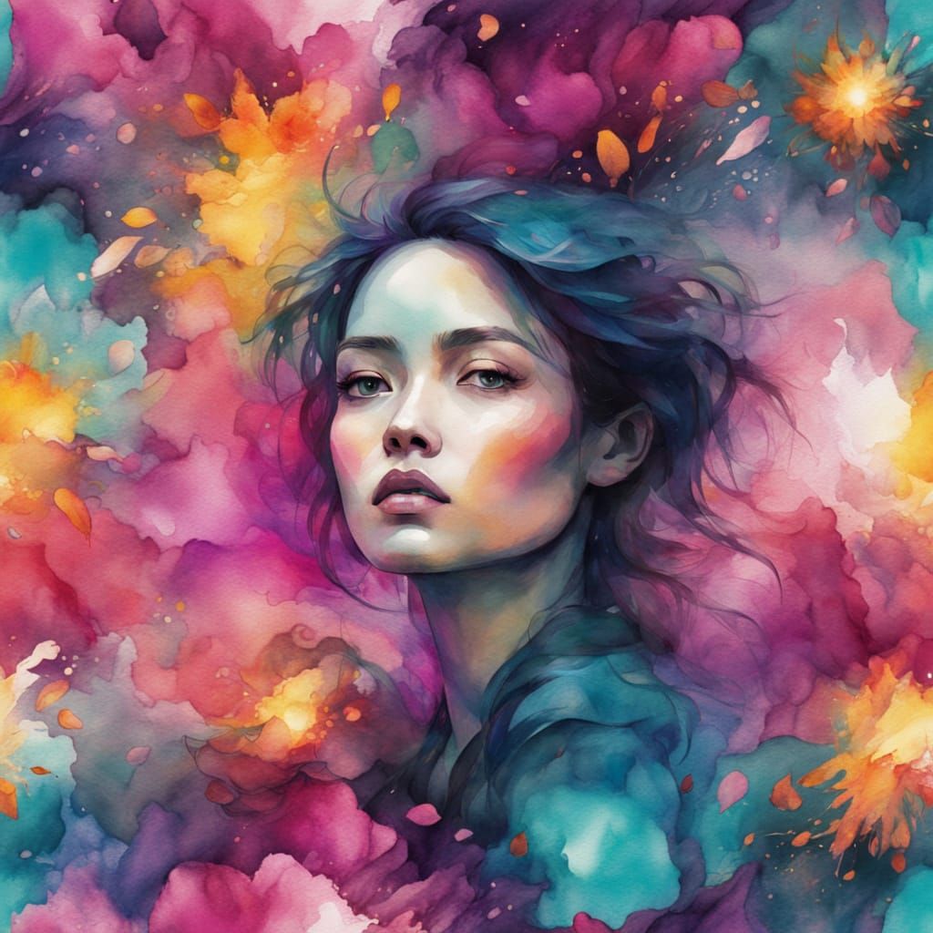 Surreal Woman in Flower Petal Whirlwind Artwork