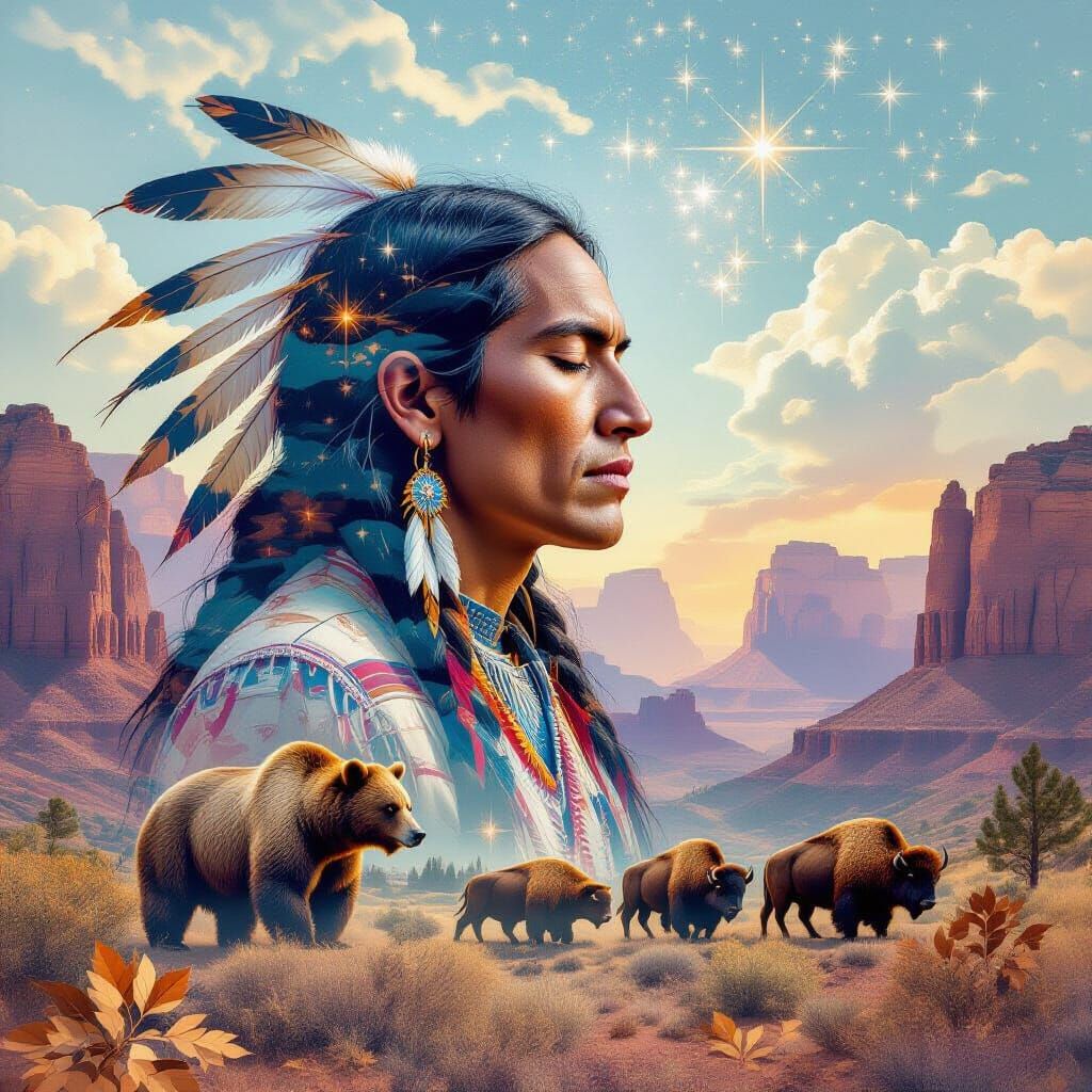 Surreal Native American Double Exposure with Wildlife and St...