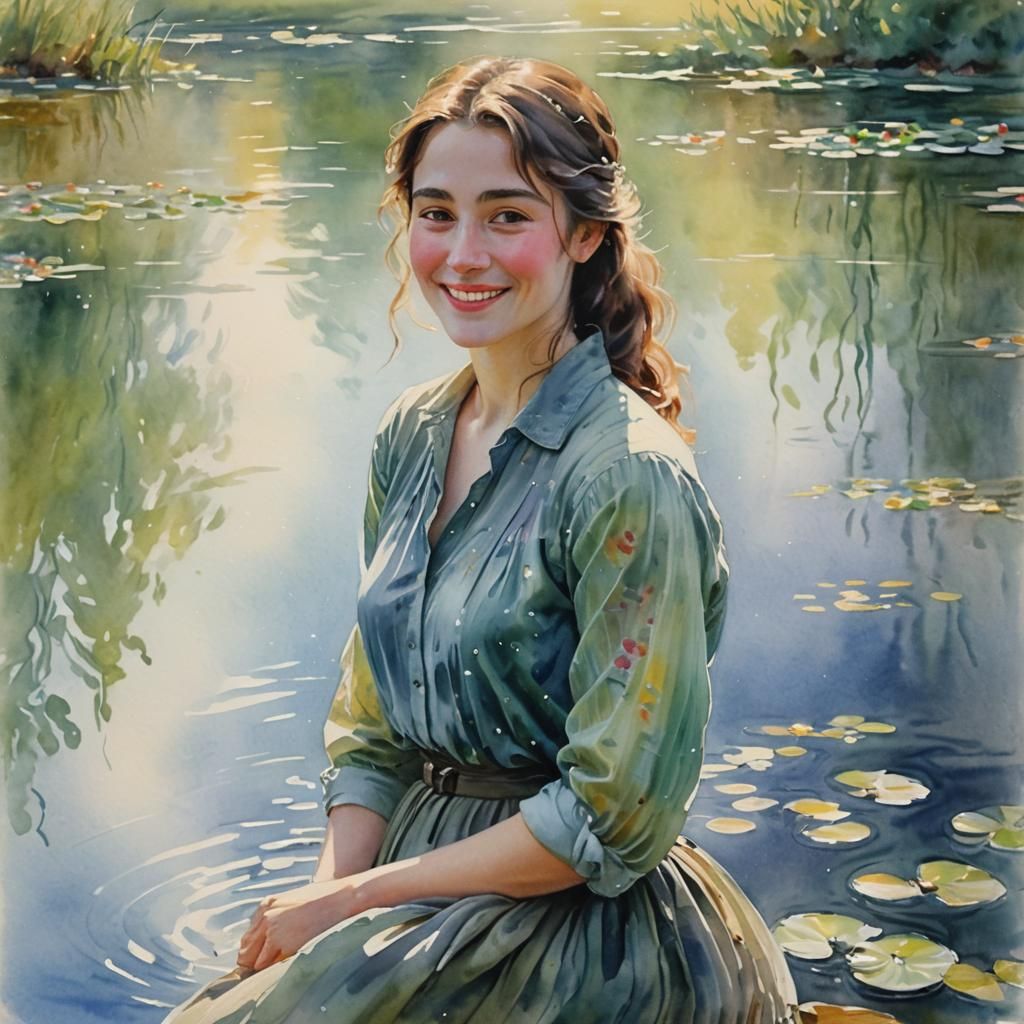 Woman Smiling by Water in Impressionist Style