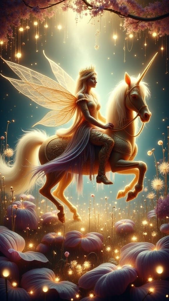 A fairy queen riding intro the fairy village on a Unicorn.