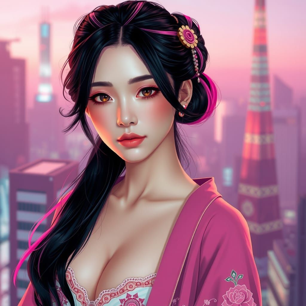 Japanese Woman in Neon Tokyo, Digital Art