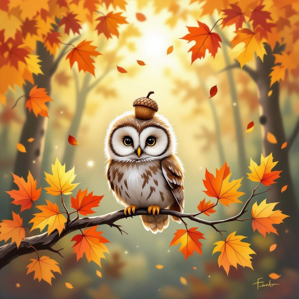 Whimsical Autumn Owl in Gouache Style