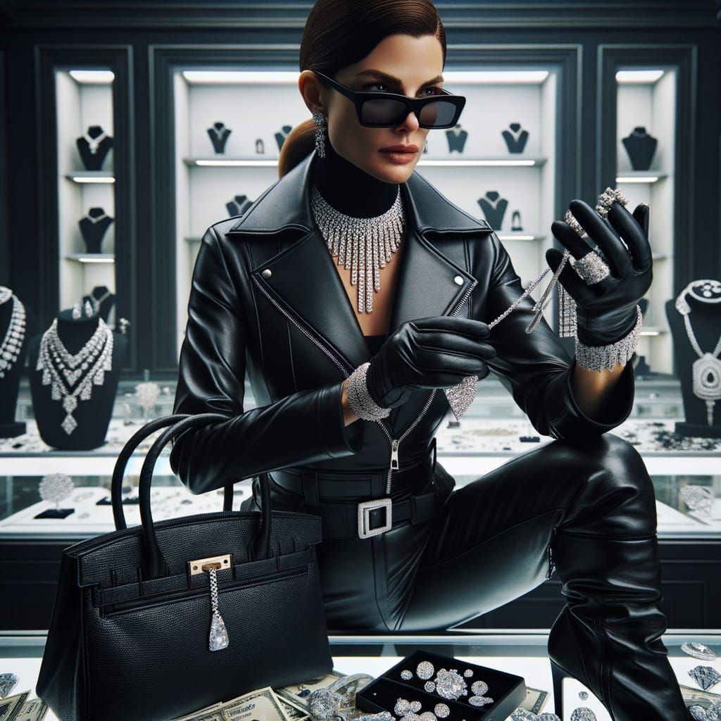 Glamorous Jewel Thief in Black Leather Outfit