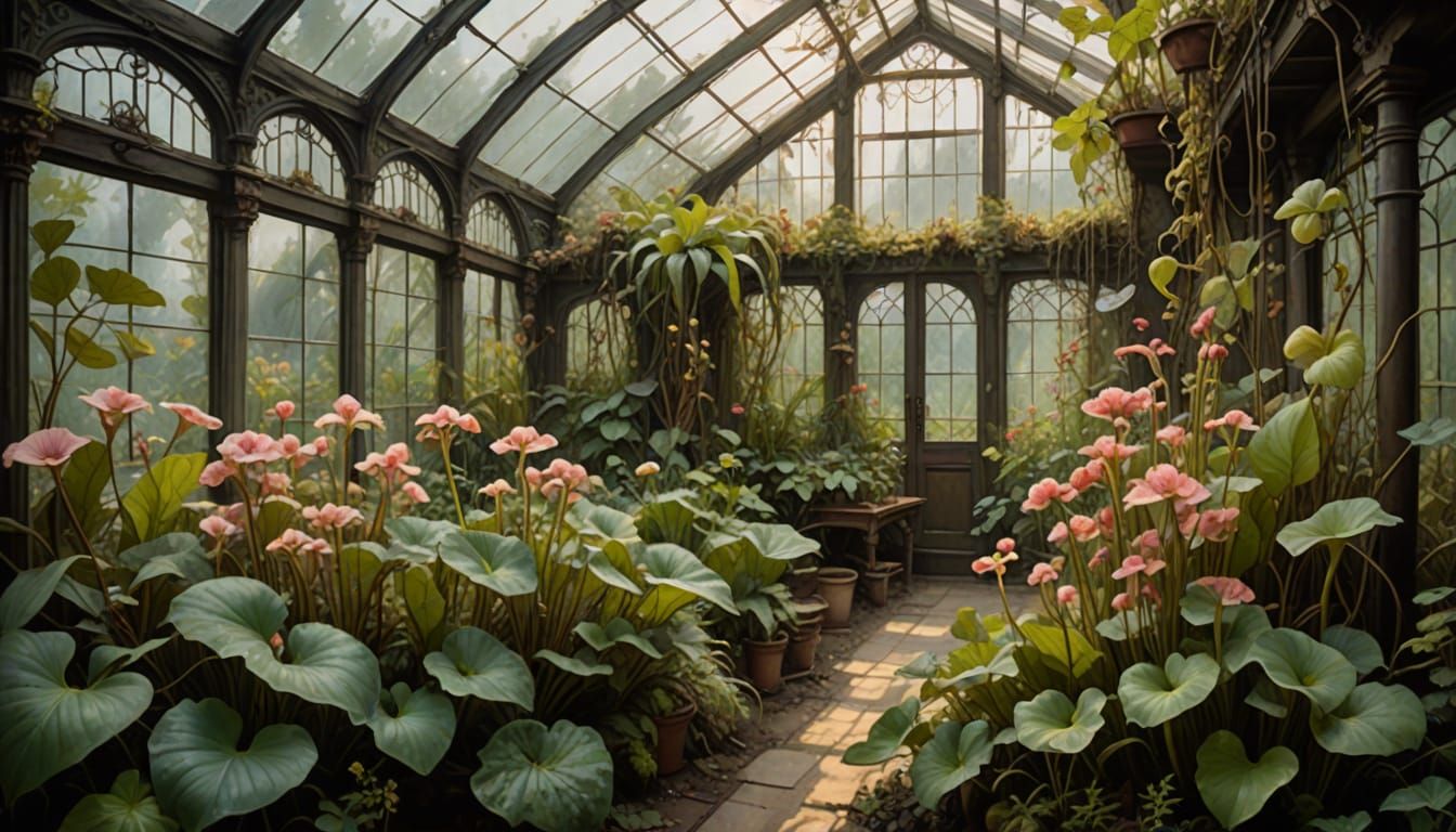 Eerie Greenhouse Overtaken by Glowing Fungi, Watercolor Art