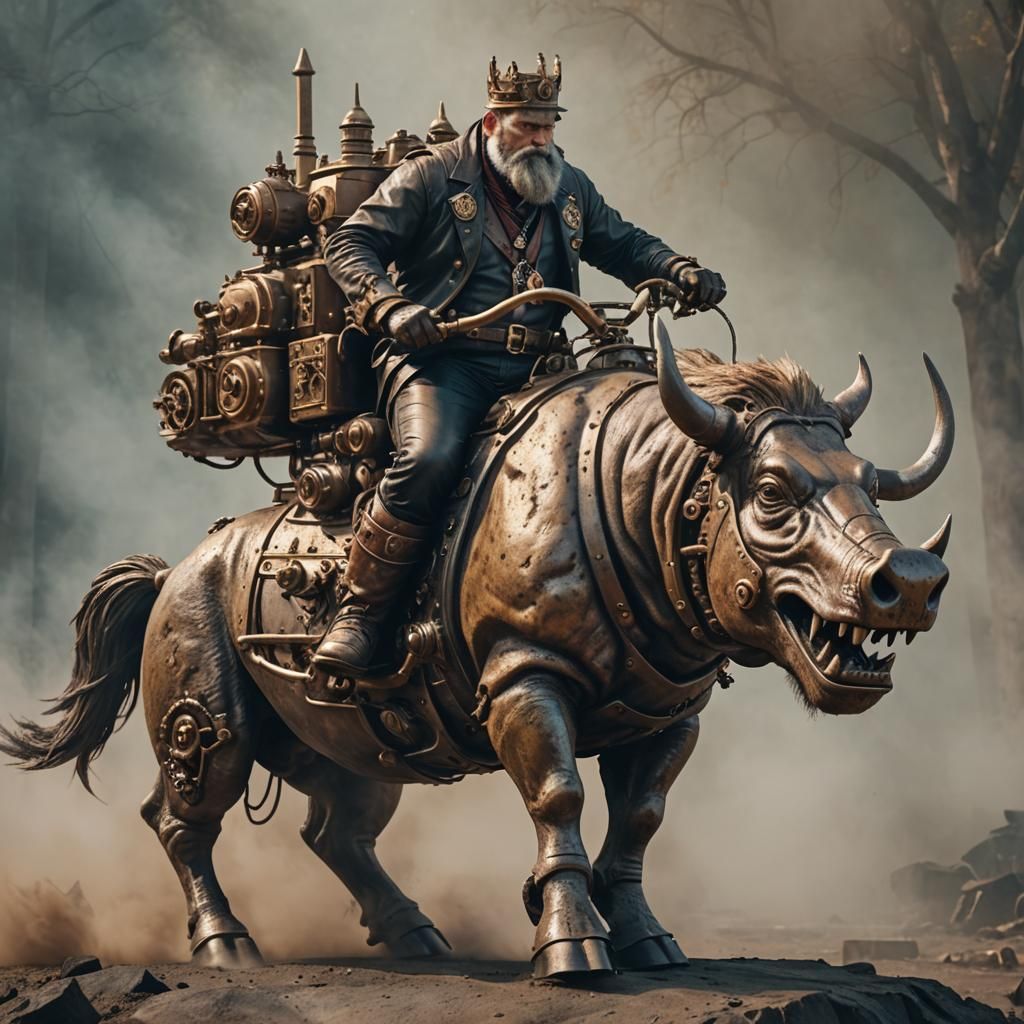 Steampunk King Rides Bronze Warthog Statue