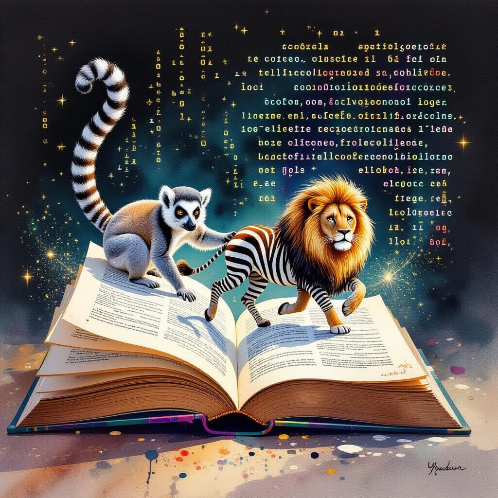 Iridescent Code Art of Animals Fleeing a Lion