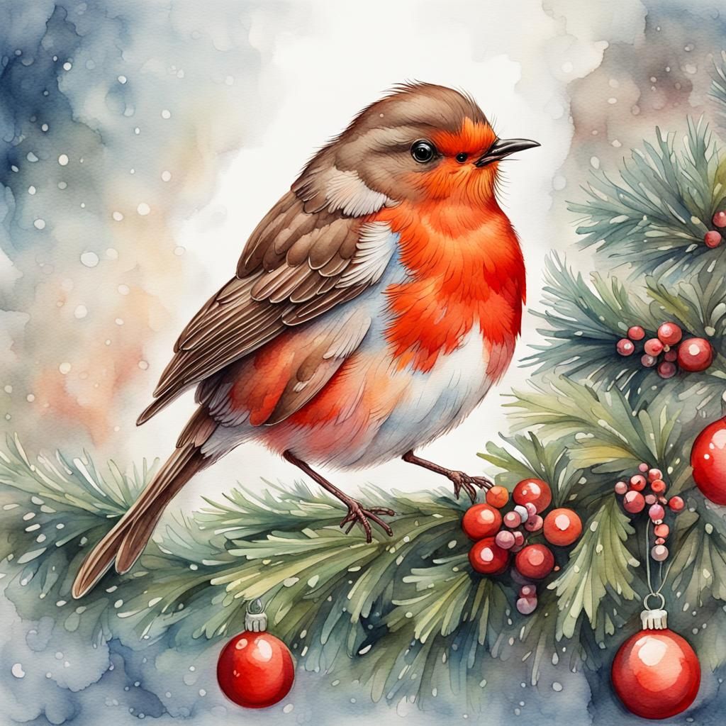 Festive Red Robin in Vintage Watercolor Style