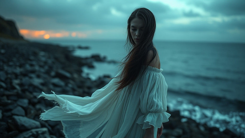 Melancholy Woman on Shoreline at Dusk