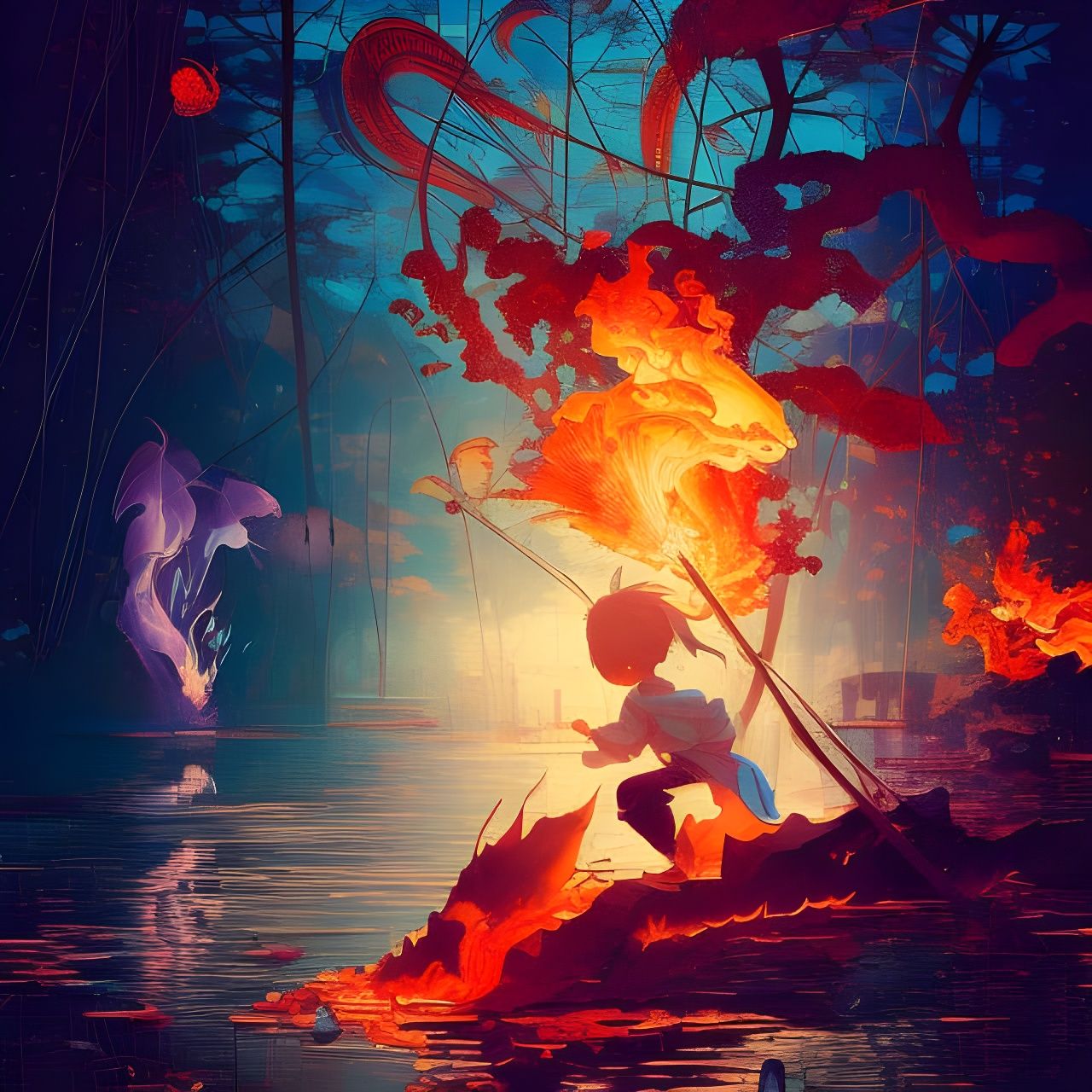Fire and Water Clash in Japanese Art Style