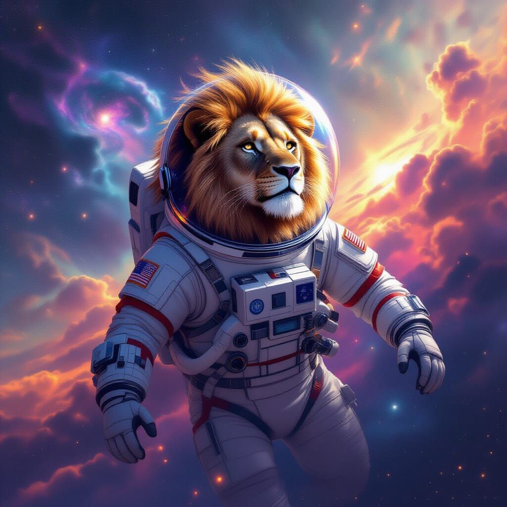 Lion Astronaut Drifting Through Nebula, Space Opera Art