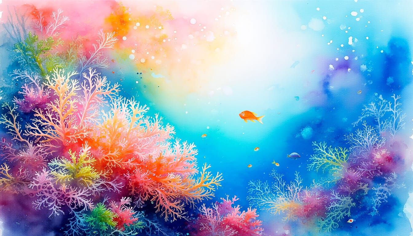 Intricate Iridescent Coral Reef Watercolor Painting
