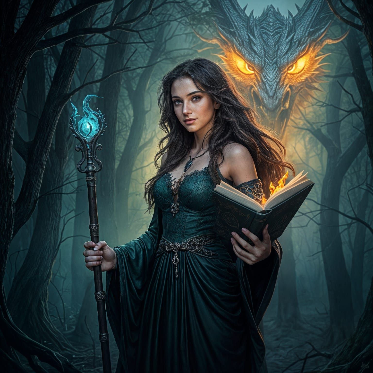 Sorceress in Ominous Forest with Dragon