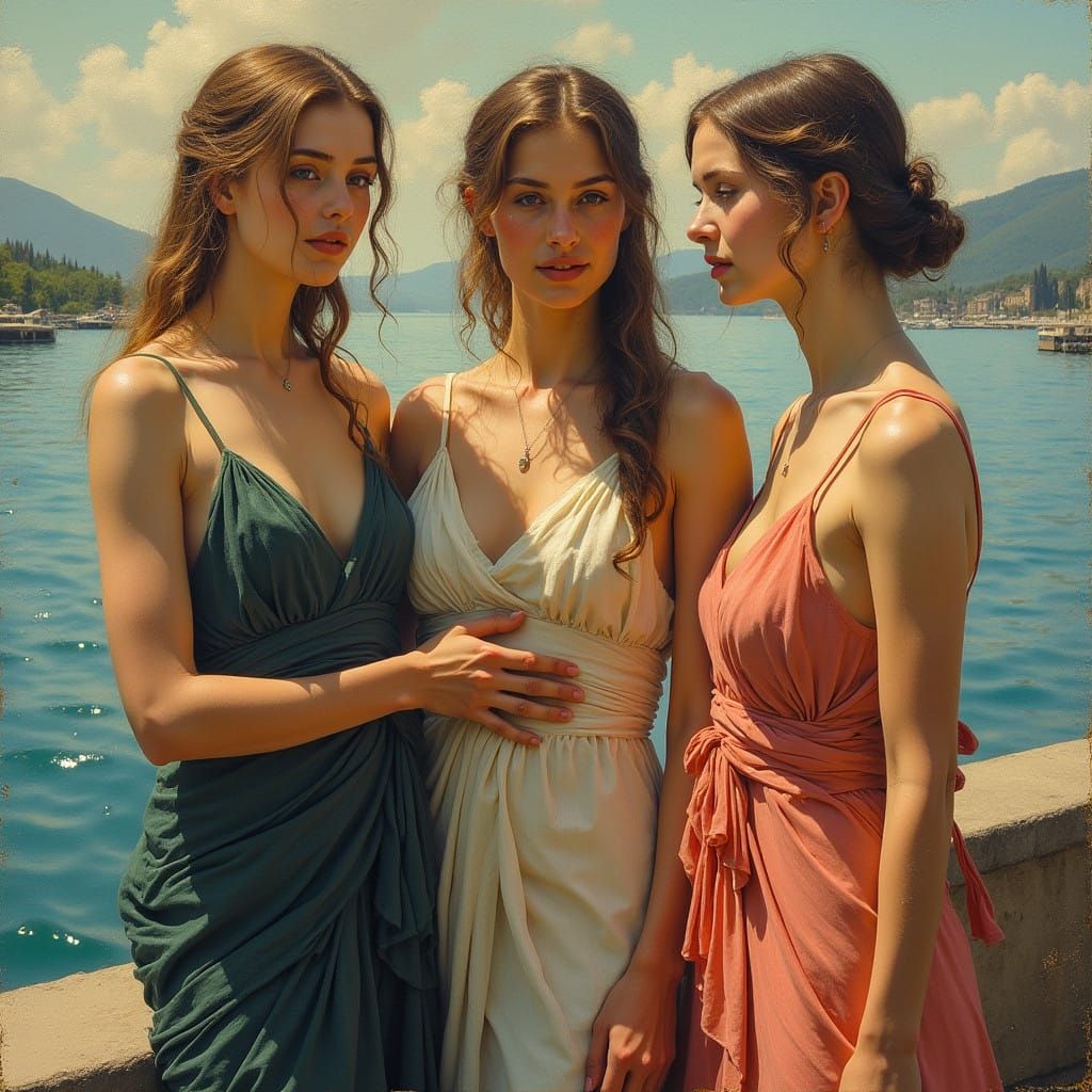 Ethereal Maidens at Serene Waterfront in Chiaroscuro Style