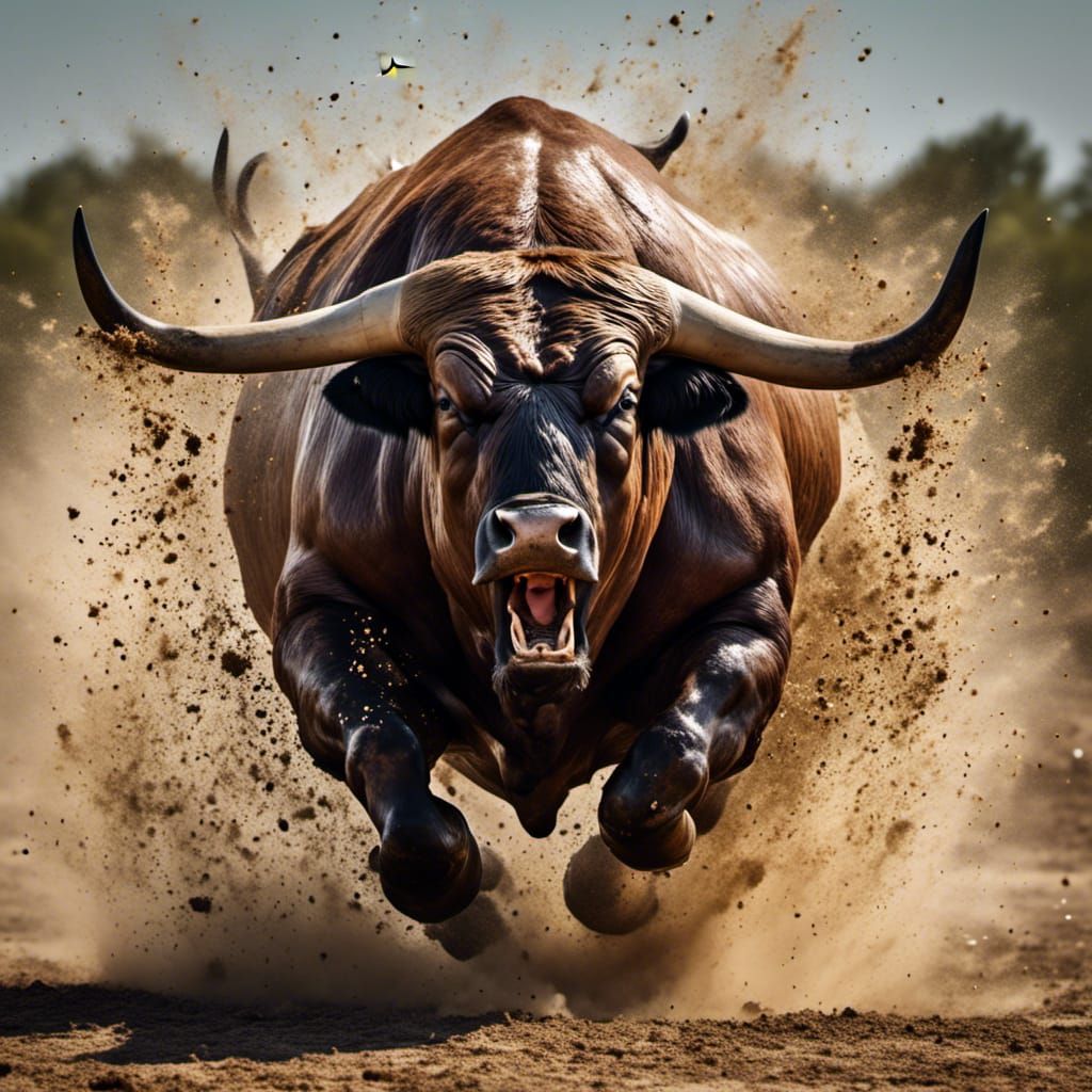 Action Close-up Photograph: "Charging Angry Obese Bull; high...