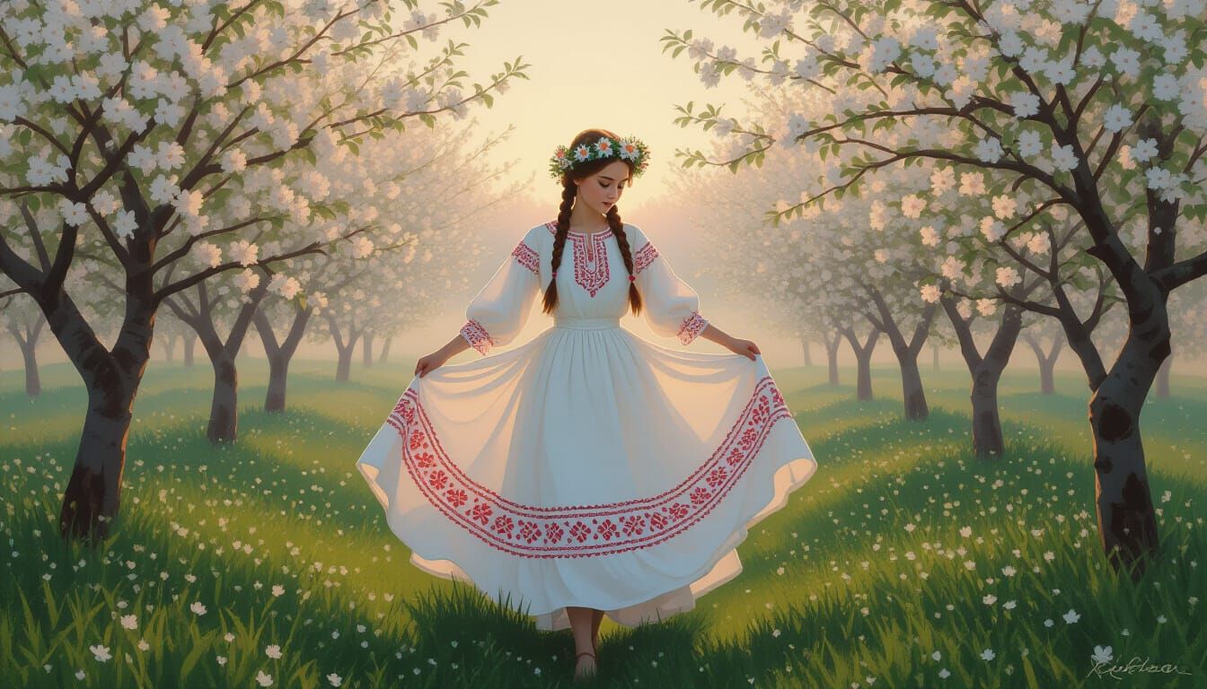 Slavic Girl Dances in Impressionistic Cherry Orchard