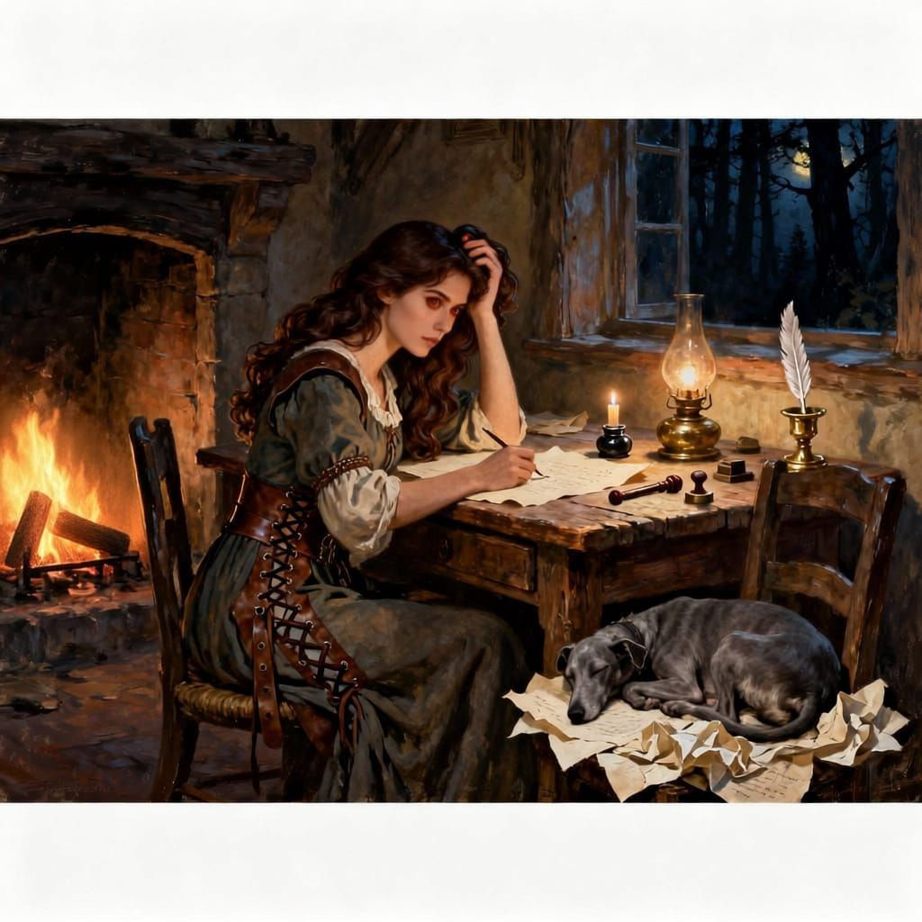 Medieval Scribe Focused on Writing at Rustic Desk