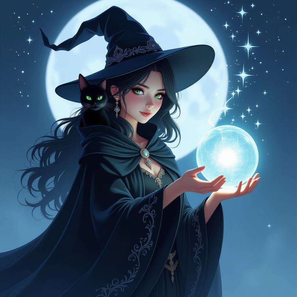 Young Witch with Orb and Cat in Moonlight