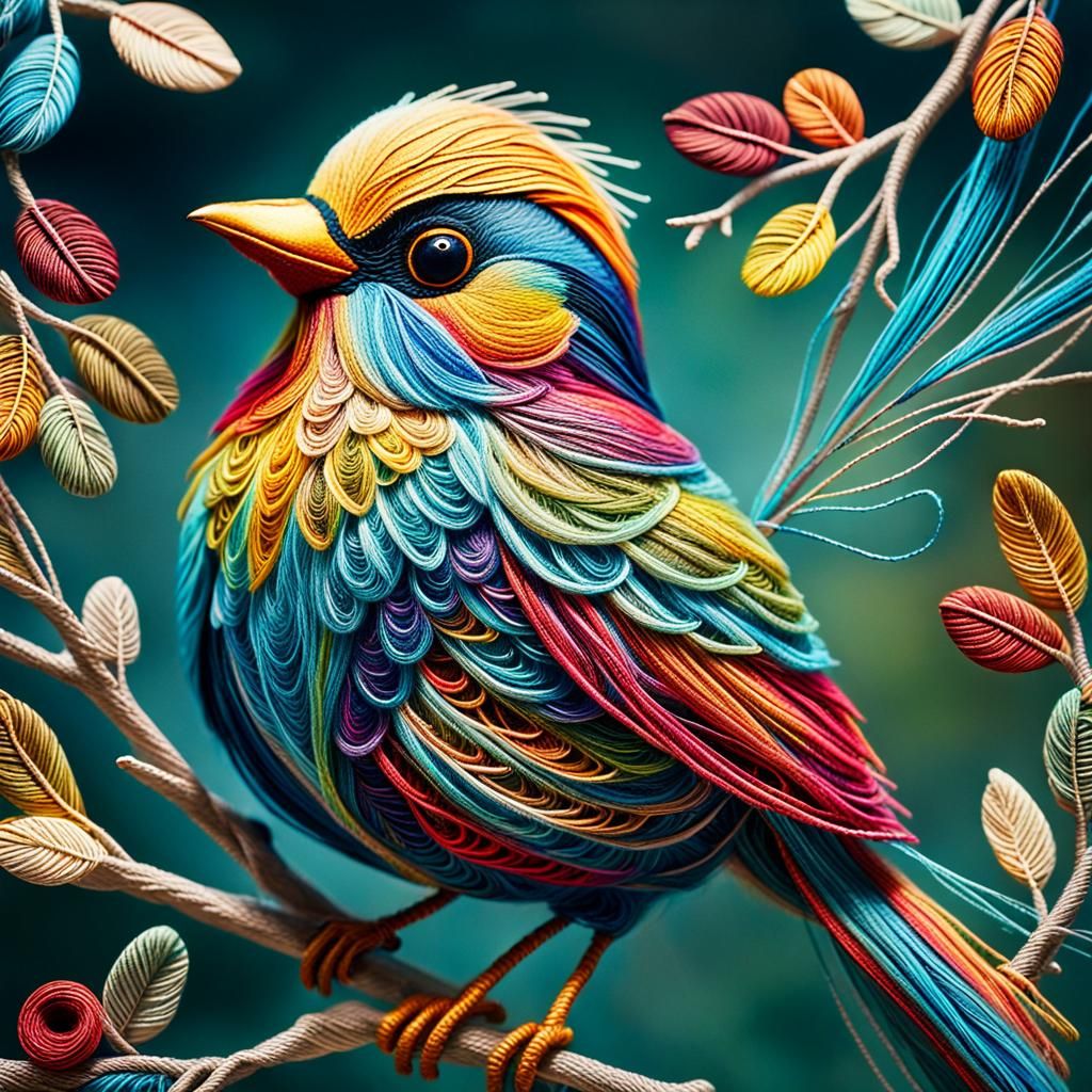 Vibrant folk art. Close-up. A bird made of colorful string, ...