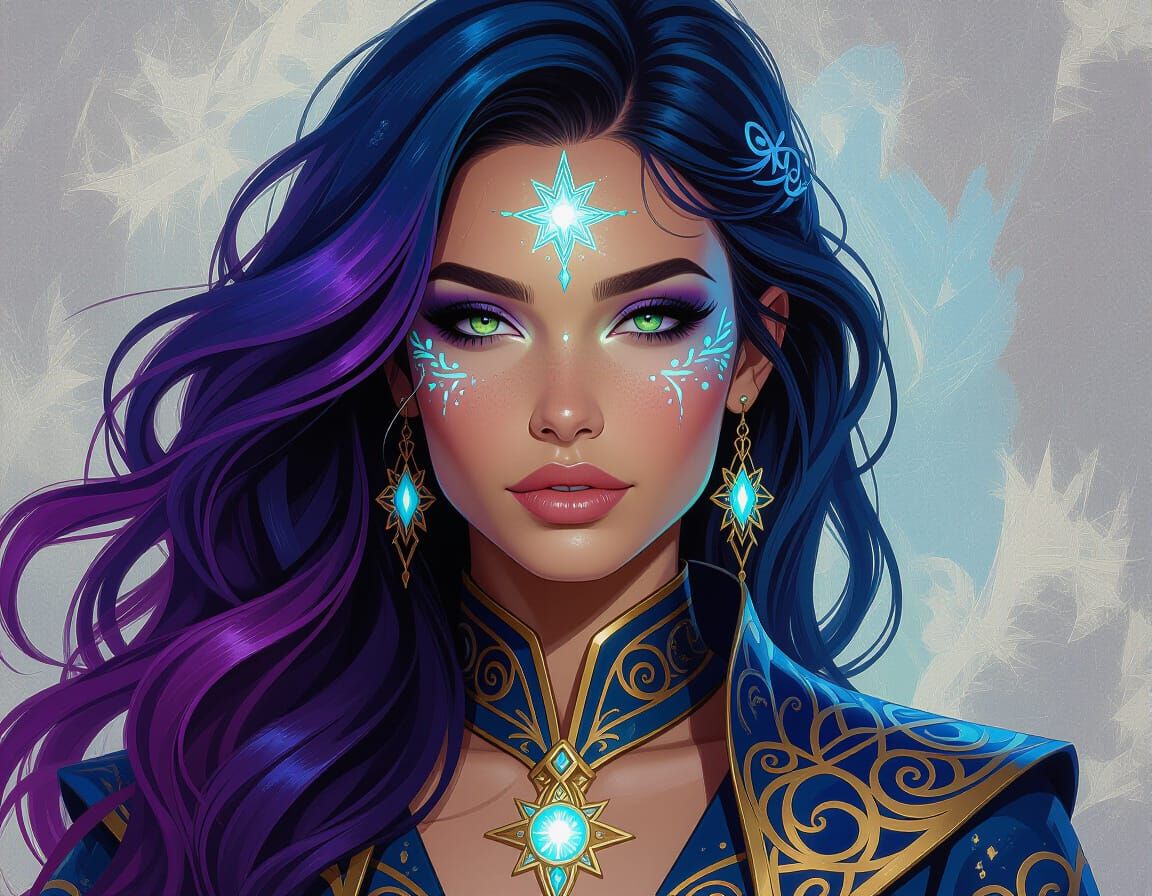 Cosmic Sorceress Portrait in Acrylic Painting Style