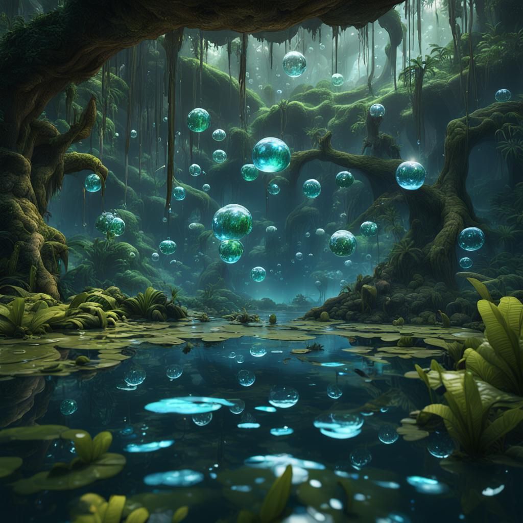 Rainforest lagoon inside bubbles with teardrops