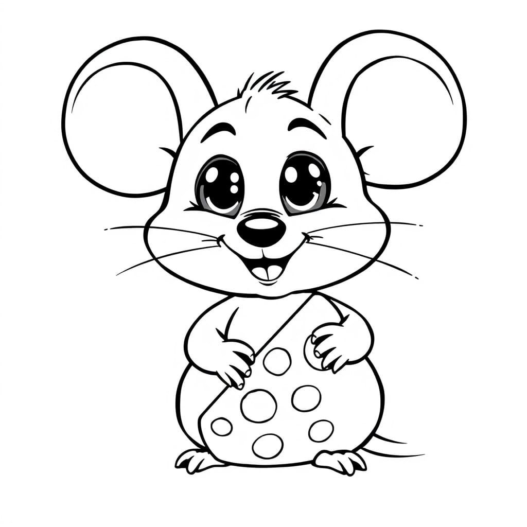 Whimsical Black and White Mouse Holding Cheese
