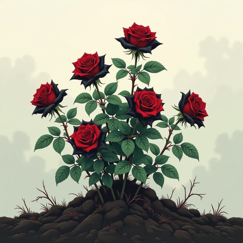 Gothic Black Roses with Red Edges on Dirt