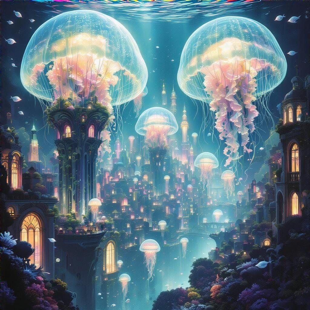 Underwater Metropolis With Bioluminescent Jellyfish