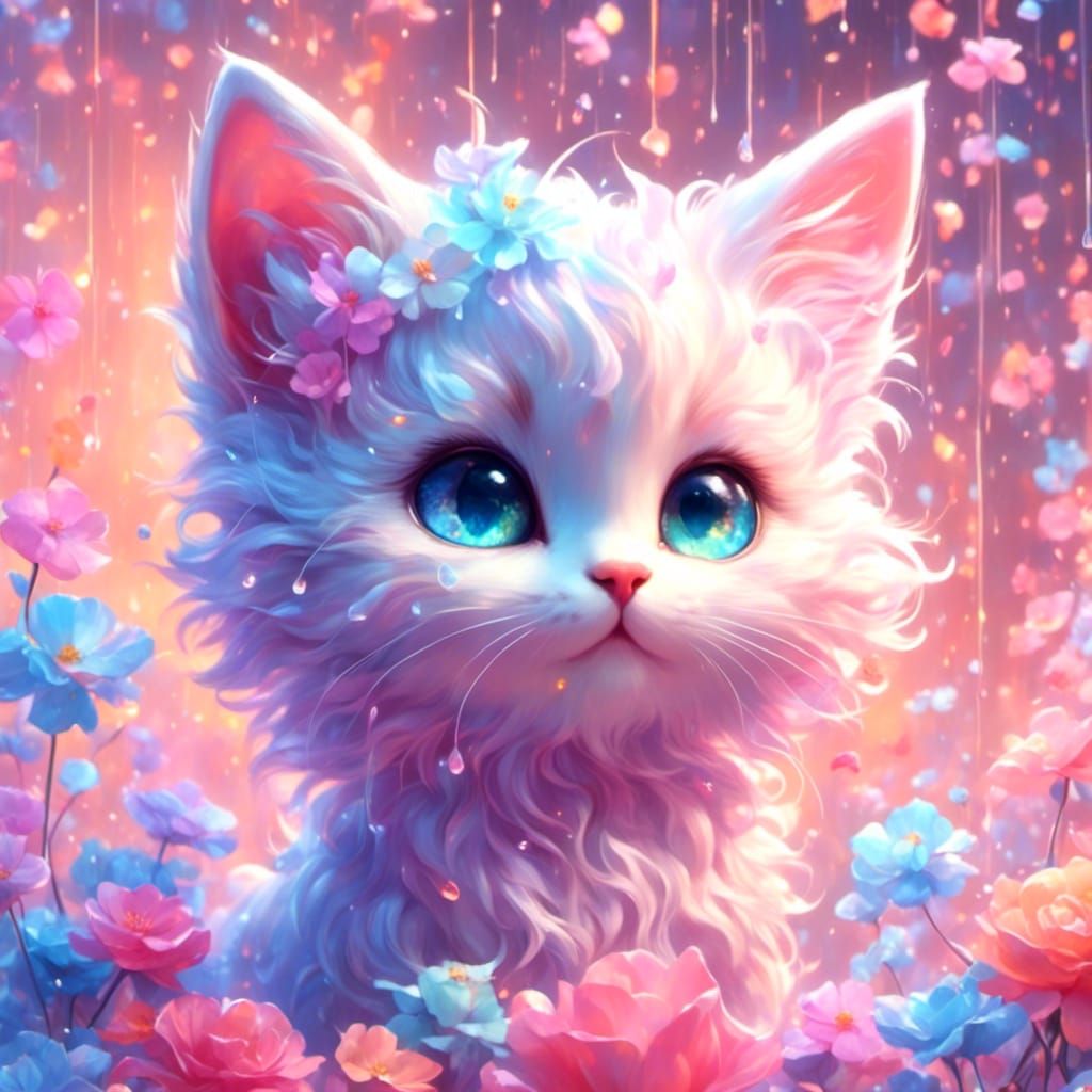 Pastel Rainbow Kitten in Celestialpunk Anime Style