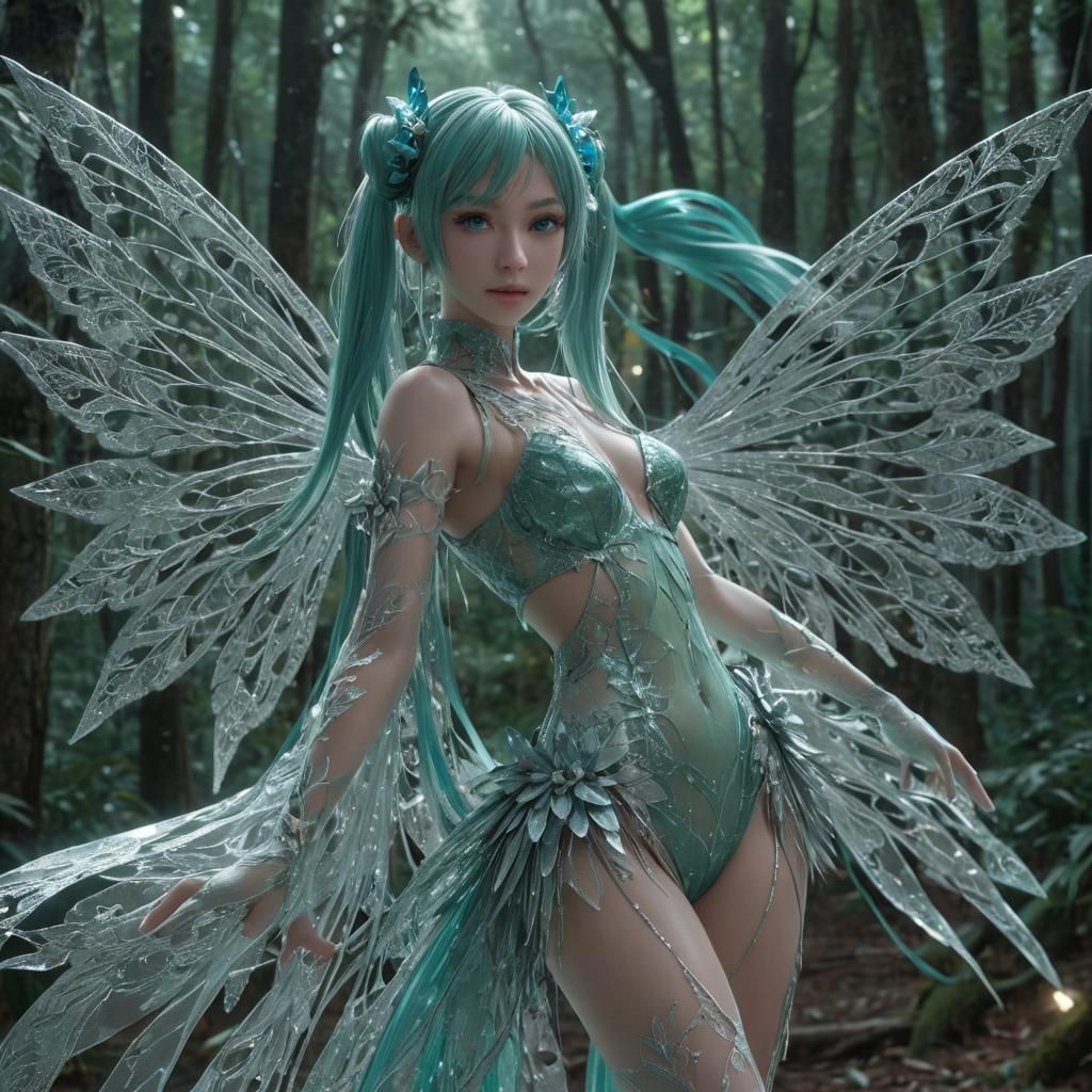 Hatsune Miku as Silver Fairy in Windy Forest
