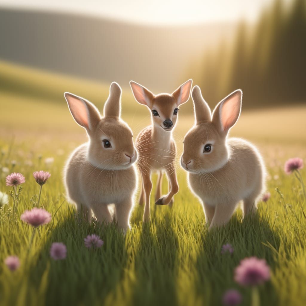 Whimsical Rabbits and Fawn in Sunlit Meadow