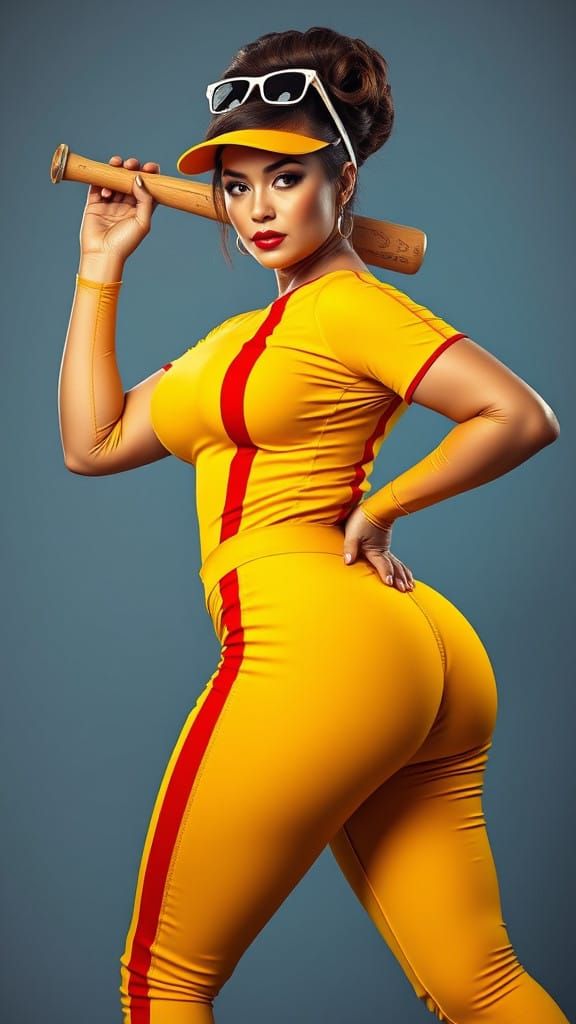Confident Curvy Female Baseball Player in Yellow Catsuit wit...